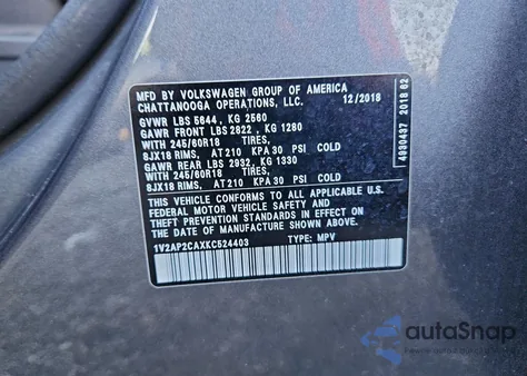 2019 Volkswagen Atlas S из США, поврежденный, VIN 1V2AP2CAXKC524403